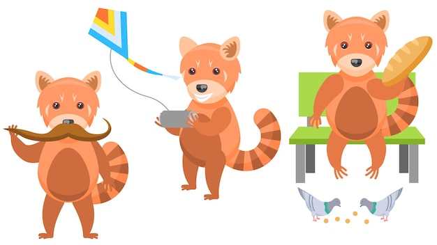 Red Pandas Launches A Kite, Twists His Mustache, Feeding Pigeons Bread Vector Design Style Elements