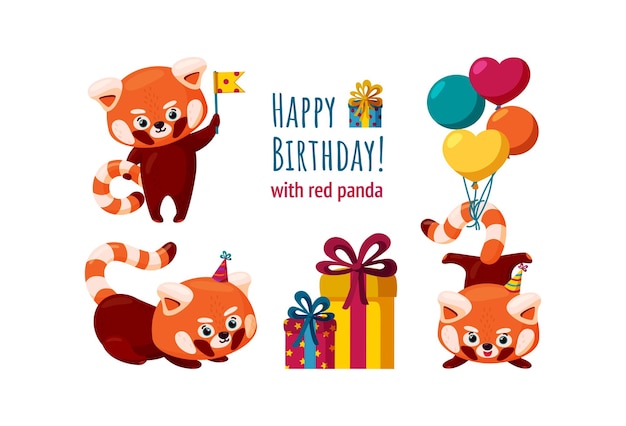 Red pandas ready for a birthday party Red panda with balloons birthday hats and flags