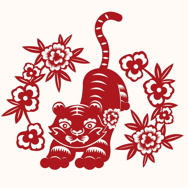 Red papercut Chinese zodiac sign year of tiger Premium Vector