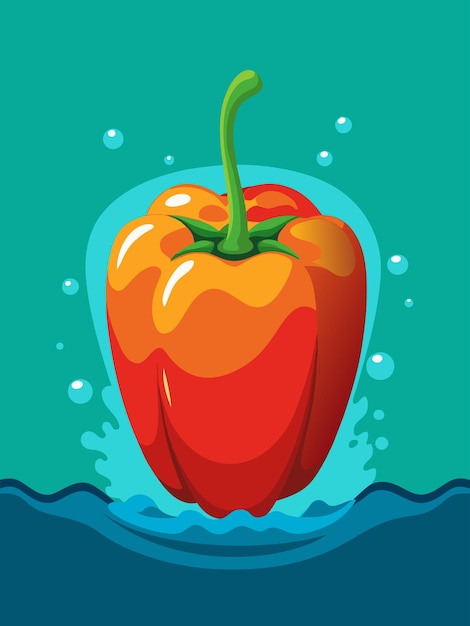 Red Pepper Floating in Blue Water with Bubbles