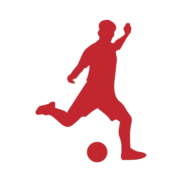 a red picture of a man kicking a soccer ball