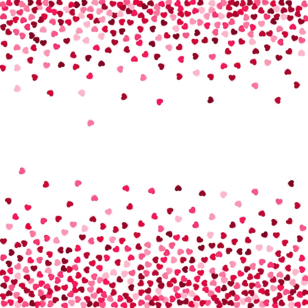 Red and pink hearts confetti on white background. Valentines Day vector frame