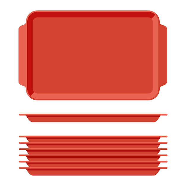 Red plastic blank food tray set with handles. Rectangular kitchen salvers isolated on white background. Plastic tray for canteen illustration, top view plate rectangle stack.