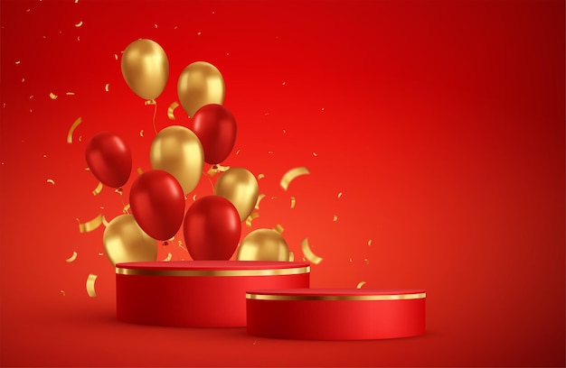 Red podium photo studio room scene.  showcase with red and gold balloons and golden confetti.