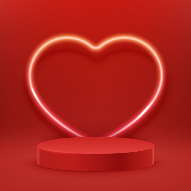 Red podium with glowing heart shaped frame glowing lighting and shadows mockup scene of geometry