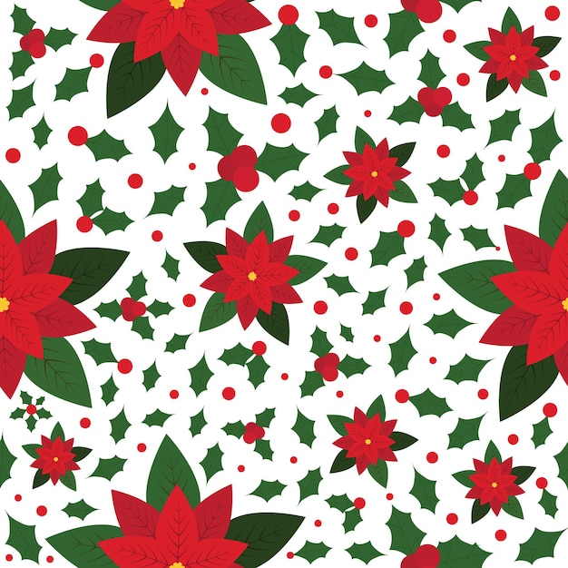 Red poinsettia flowers pattern, Red poinsettia flowers and red berries pattern background