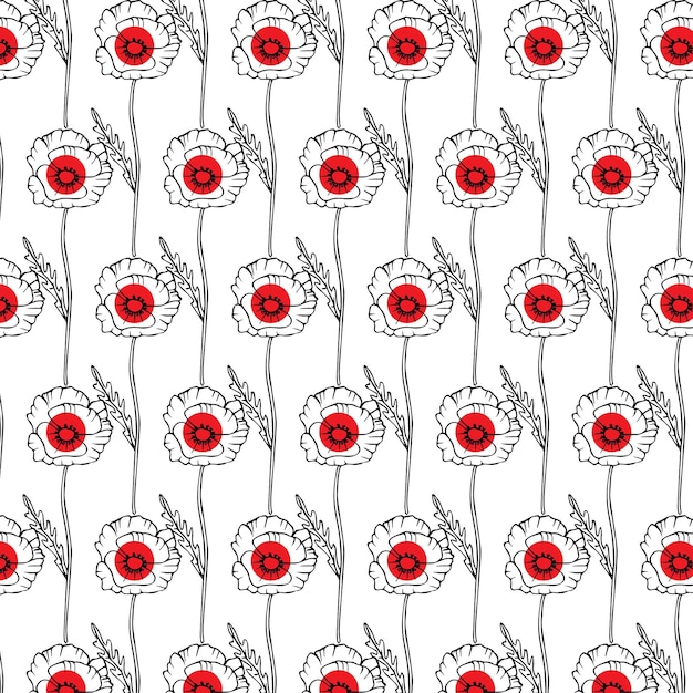 Red poppies seamless pattern. Summer flowers in a linear engraving style.