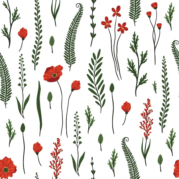 Red poppy florals and garden flowers Seamless pattern illustrationhand drawn style Design for fashion fabricwallpaper prints