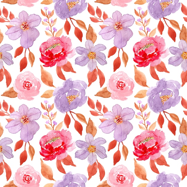 red purple flower watercolor seamless pattern