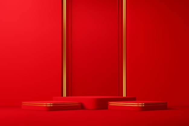 Red rectangle Chinese podium stage with gold lines