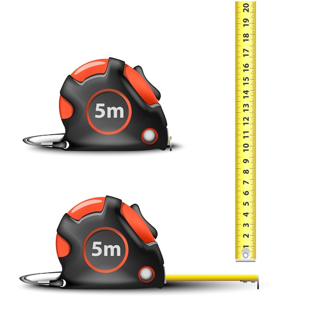 red Retractable steel measuring tape with imperial and metric measurements isolated