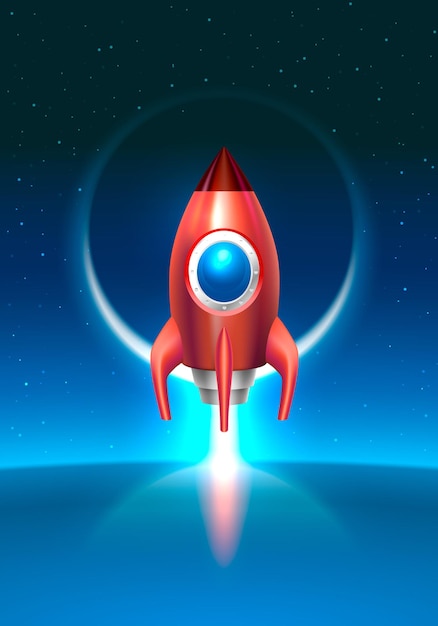 Red rocket start up space toy on the blue background. Vector illustration