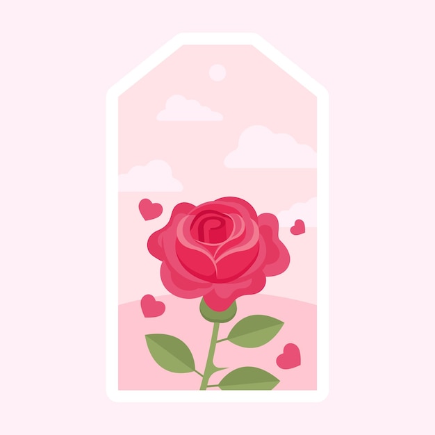 Red Rose Flower Bud With Flying Hearts Against Pink Clouds Pentagon Background