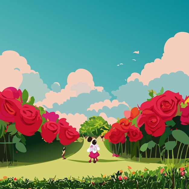 Vector red rose garden with green trees and beautiful cloudy sky