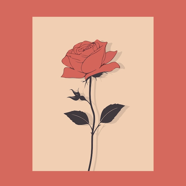 A red rose with a black outline on a beige background.