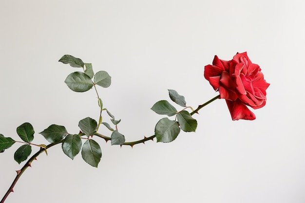 a red rose with green leaves and a white background