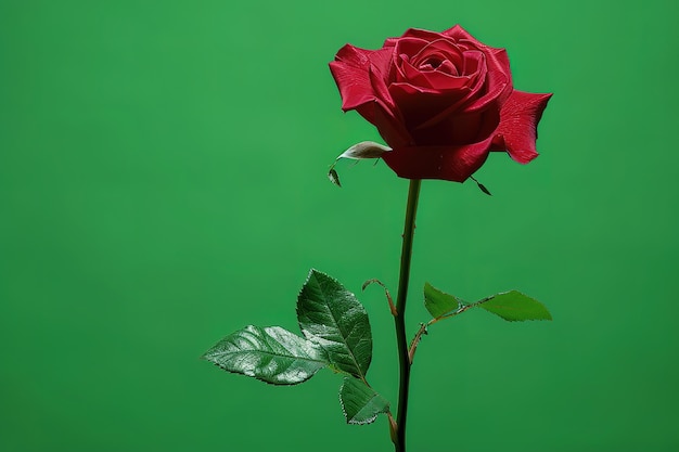 a red rose with leaves and a green background