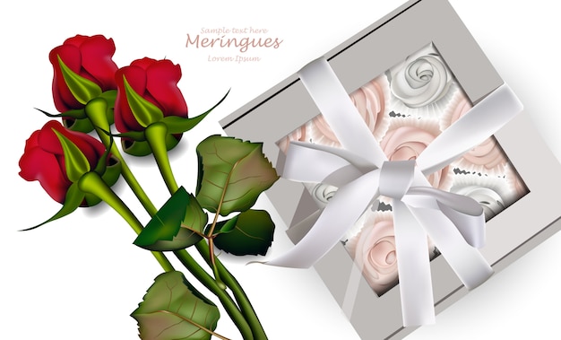 Vector red roses bouquet and meringues