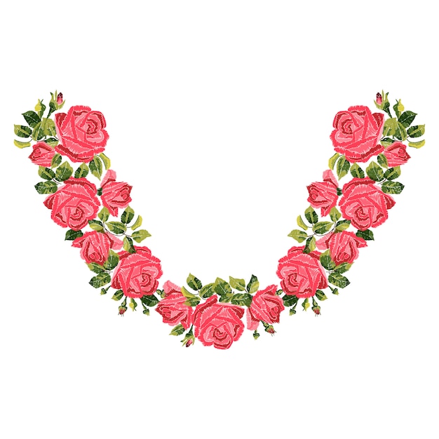 Red roses embroidery with leaves and buds. Ethnic flowers neck line, flower design, graphics fashion wearing. Embroidery for t-shirt.