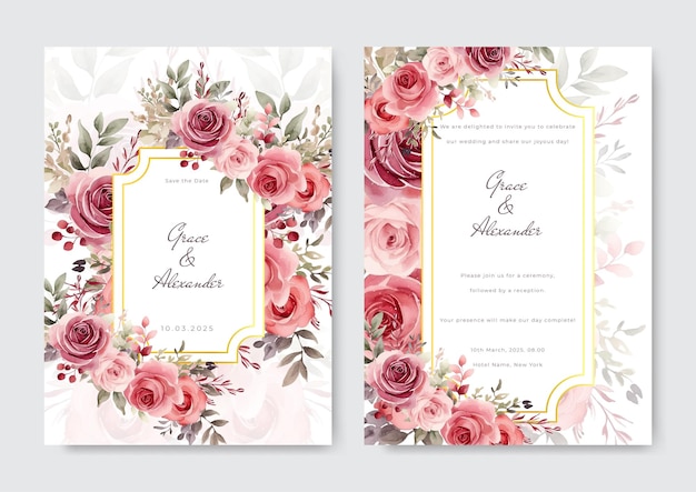 Red roses wedding floral invitation template of elegant watercolor wedding invitation card template