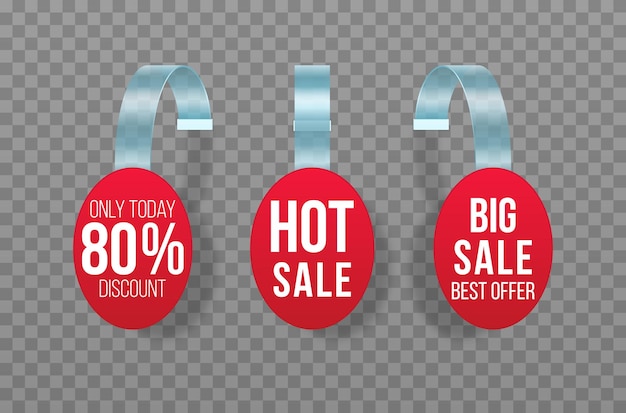 Red sales tags wobblers with text discount sticker special offer plastic price banner