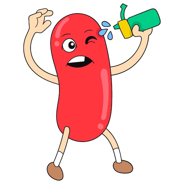 Red sausage is sprinkling sauce on his body doodle icon image kawaii