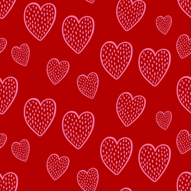 Red seamless pattern of decorative handdrawn hearts