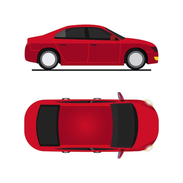 a red sedan car in side and top view flat illustration