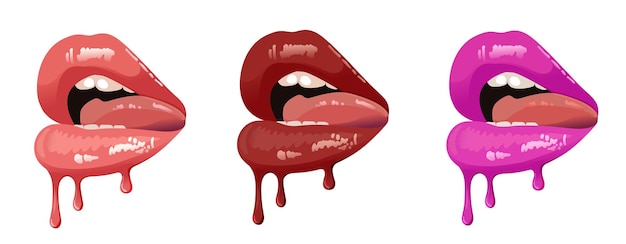 Red sexy hot dripping lips set Lipstick drips Sexy human mouth set isolated on white