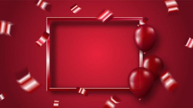 red shiny confetti and balloons with frame on red background