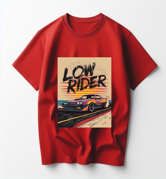 a red shirt with a picture of a car and the words low rider on it