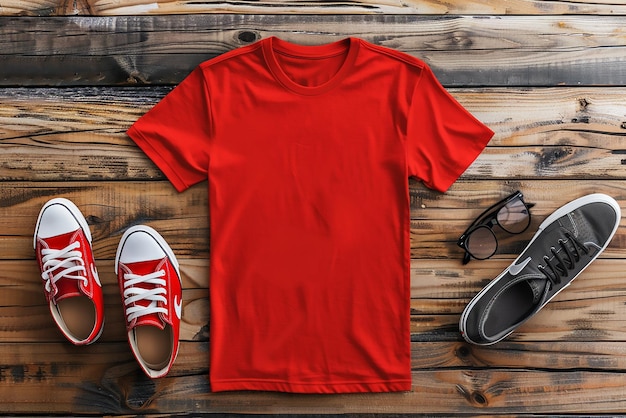 Vector a red shirt with white laces sits on a wooden table