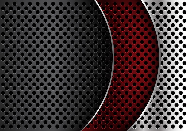 Red silver grey metal circle mesh curve overlap background.