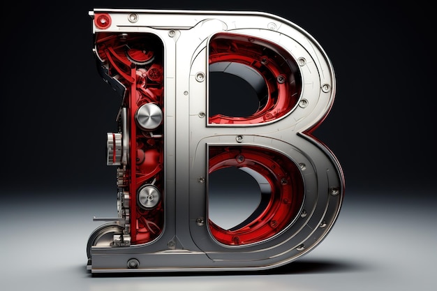 Vector a red and silver letter b is shown in a silver metal object