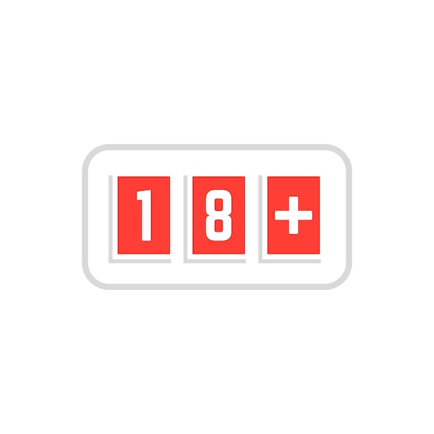 Red simple 18 plus icon scoreboard concept of ui emblem unusual ban symbol censure adult permit xrated age limit mark flat style trend logotype graphic stamp badge design on white background