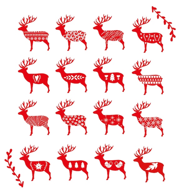 Red simple Christmas deers collection for holiday decor Scandinavian Nordic style