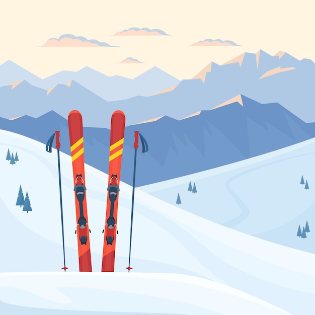 Red ski equipment at the ski resort. Snowy mountains and slopes, winter evening and morning landscape, sunset, sunrise.  flat illustration.