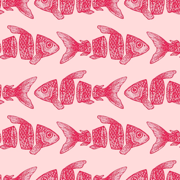 Red Sliced Fish Seamless Pattern. Vector Illustration of Tattoo Hand Drawn Sketch.