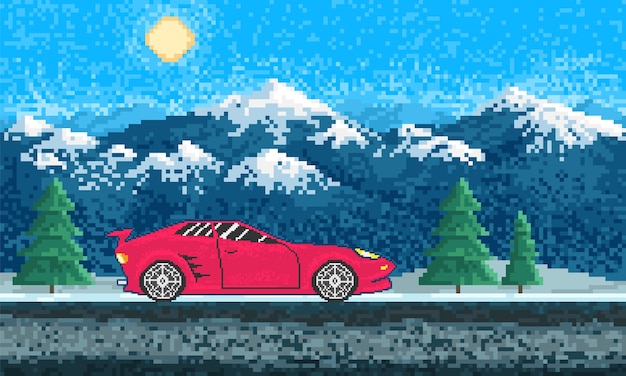 Red sports car and Mountain landscape