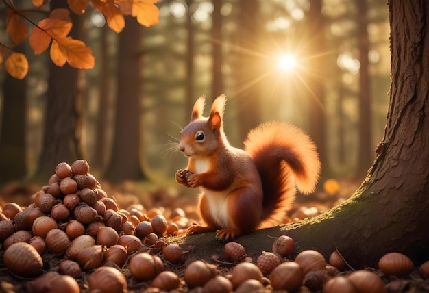 Red Squirrel Sitting on a Log Surrounded by Acorns in a Forest