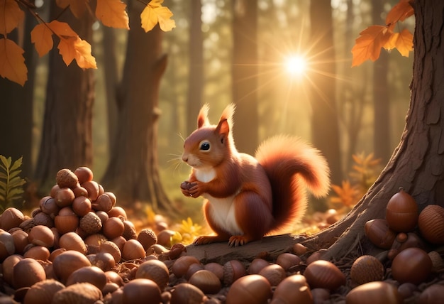 Red Squirrel Sitting on a Log Surrounded by Acorns in a Forest