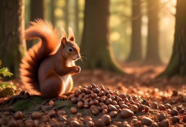 Red Squirrel Sitting on a Log Surrounded by Acorns in a Forest