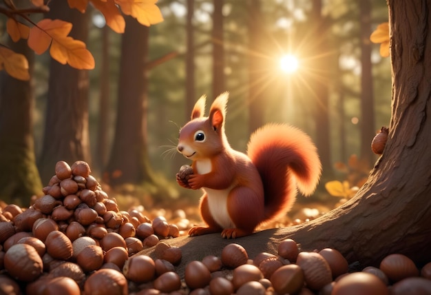 Red Squirrel with Acorns in an Autumn Forest