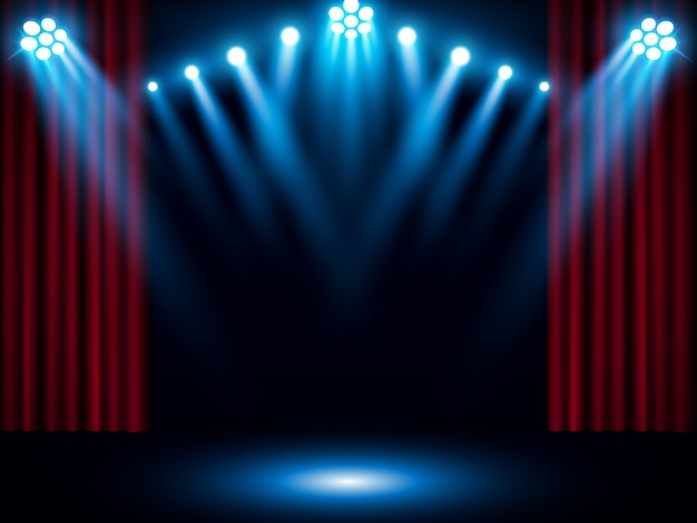 Vector red stage curtain with blue spotlight