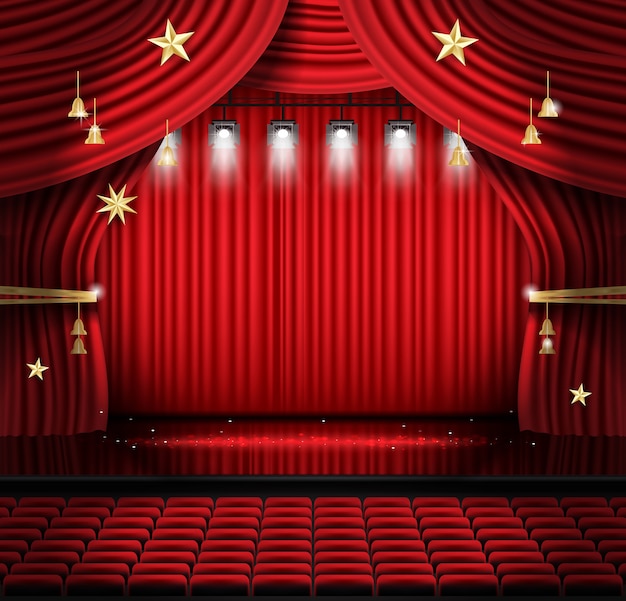 Red Stage Curtain with Seats and Spotlights. Theater, Opera or Cinema Scene. Light on a Floor.