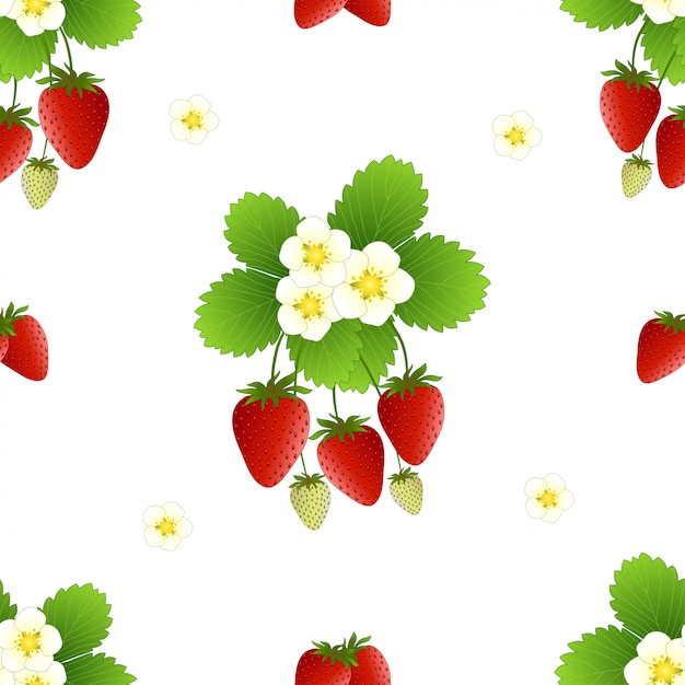 Red Strawberry and Flower seamless pattern