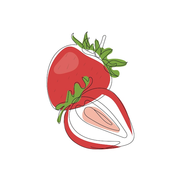 Red strawberry One line art. Sliced and whole organic fresh berry. Hand drawn vector illustration.