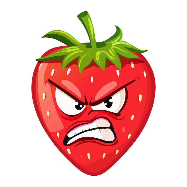 a red strawberry with a green stem and the word angry on it