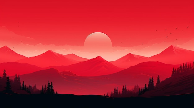 a red sun sets over a mountain range