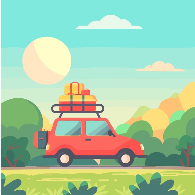 Vector a red suv with luggage on the roof driving through a green landscape with mountains